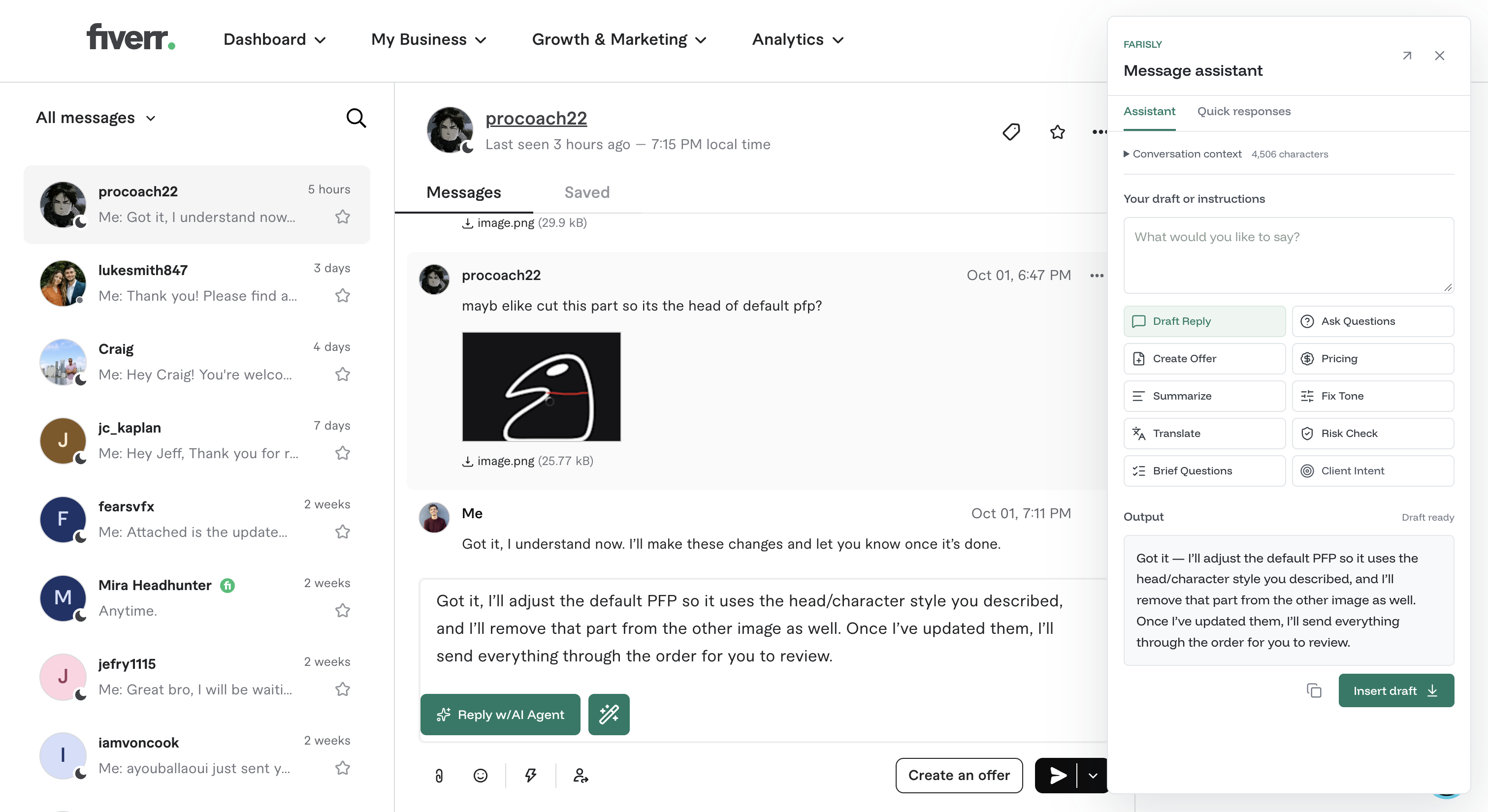 Farisly drafting a client reply beside a Fiverr conversation